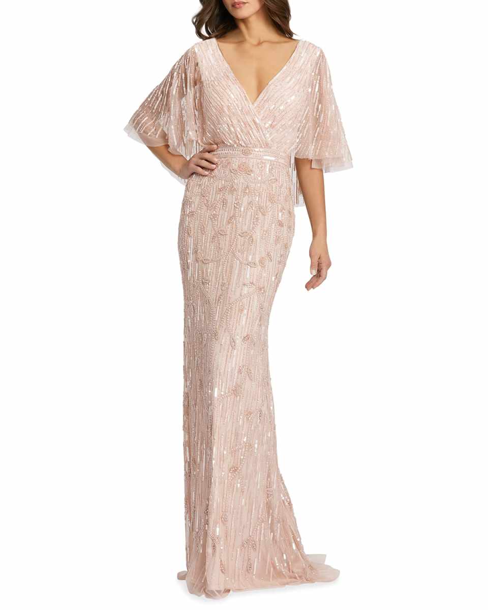 Beaded V-Neck Cape-Sleeve Column Gown
